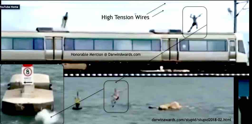 An attractive train plagued by a pesky rider who leaps, barely misses the high voltage wires, and plummets into the river--meters away from a concrete piling.