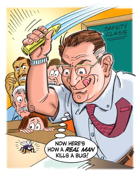 A teacher with a swinging tie lets fly at a housefly with his
paperweight, an old mortar shell...