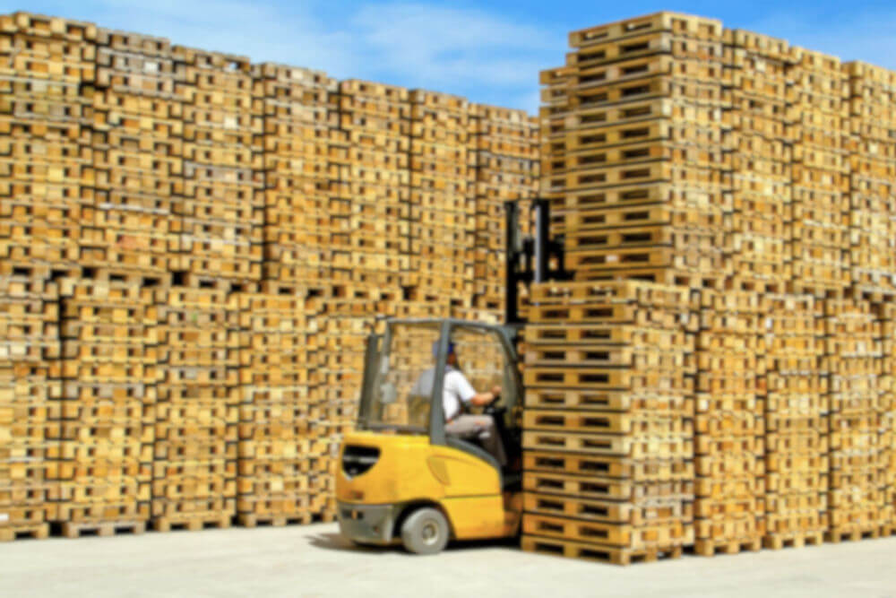 Giant stacks of new wooden pallets, and a forklift in the foreground.