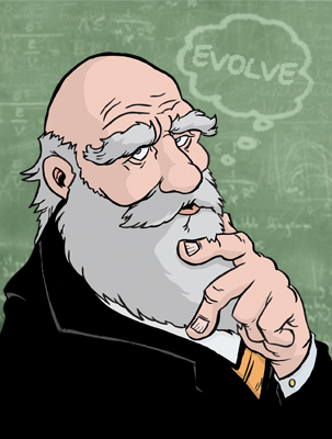 Charles Darwin at a green chalkboard, thinking: 'EVOLVE Please!